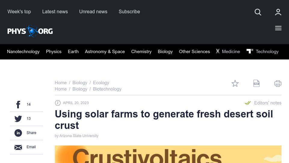 Screenshot of phys.org: Using solar farms to generate fresh desert soil crust