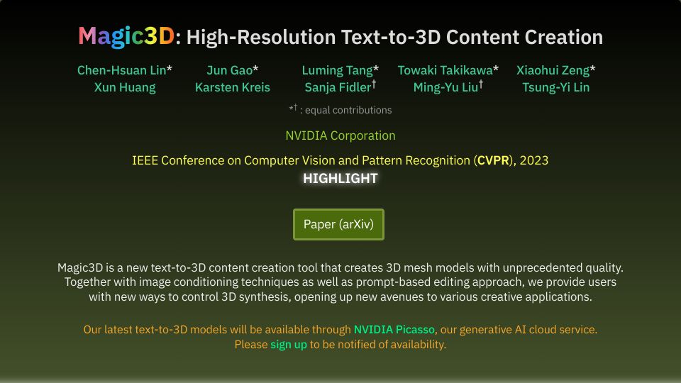 Screenshot of research.nvidia.com: Magic3D: High-Resolution Text-to-3D Content Creation