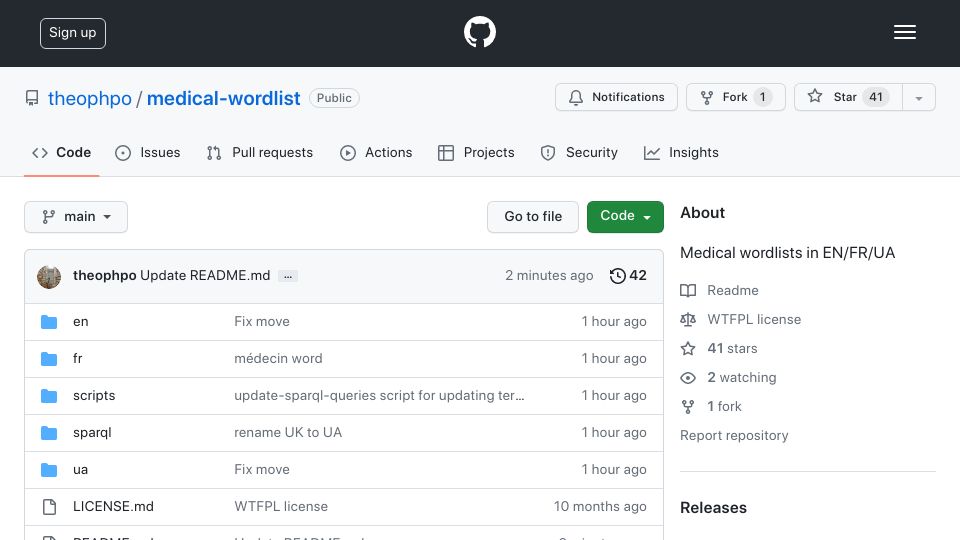 Screenshot of github.com: Medical wordlists in English, French and Ukrainian