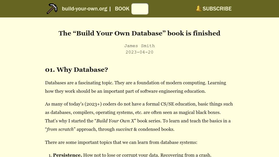 Screenshot of build-your-own.org: The “Build Your Own Database” book is finished