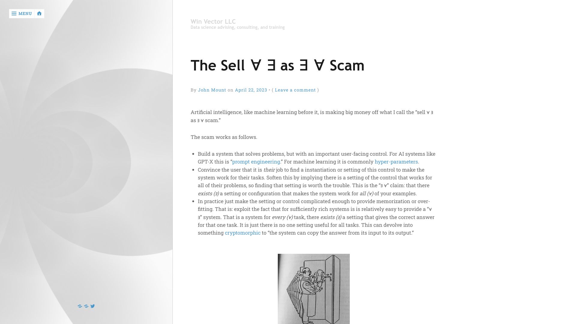 Screenshot of win-vector.com: The Sell ∀ ∃ as ∃ ∀ Scam