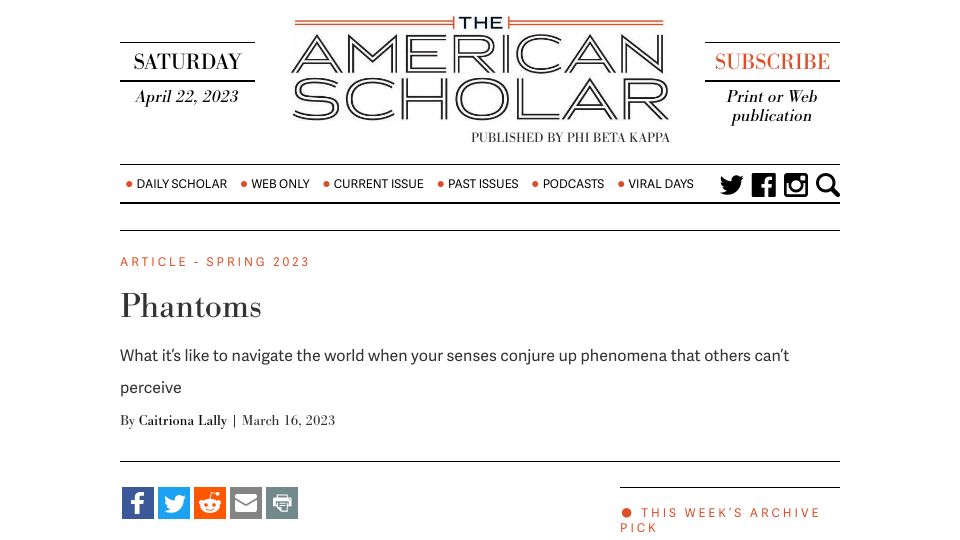 Screenshot of theamericanscholar.org: Navigating the world when your senses conjure up phenomena others can’t perceive