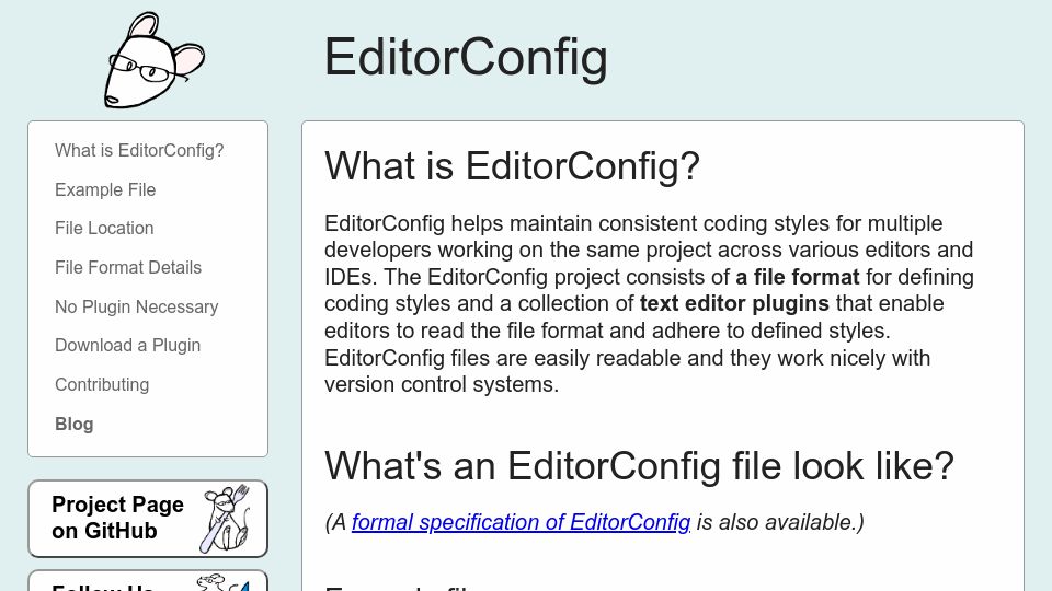 Screenshot of editorconfig.org: Maintain consistent styles for developers working across various editors