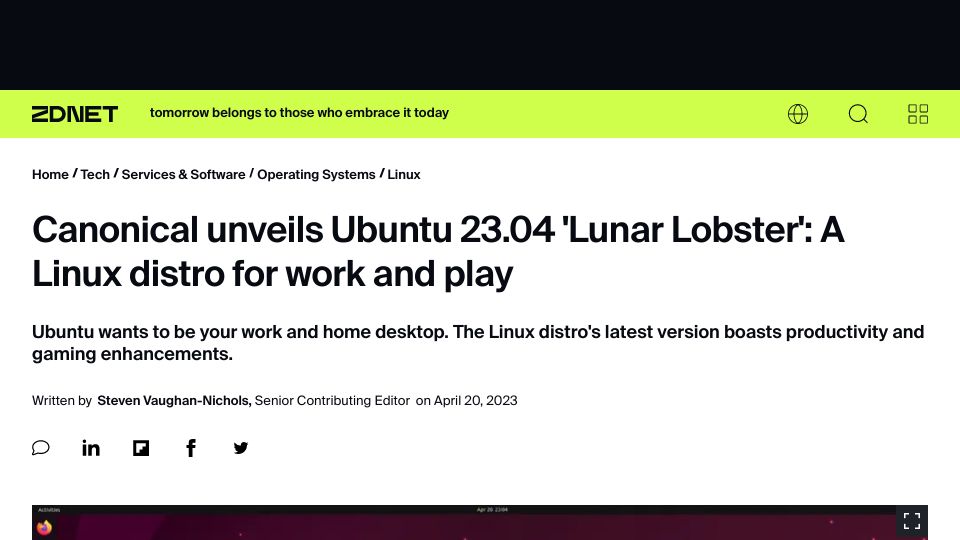 Screenshot of zdnet.com: Ubuntu 23.04 – 'Lunar Lobster'