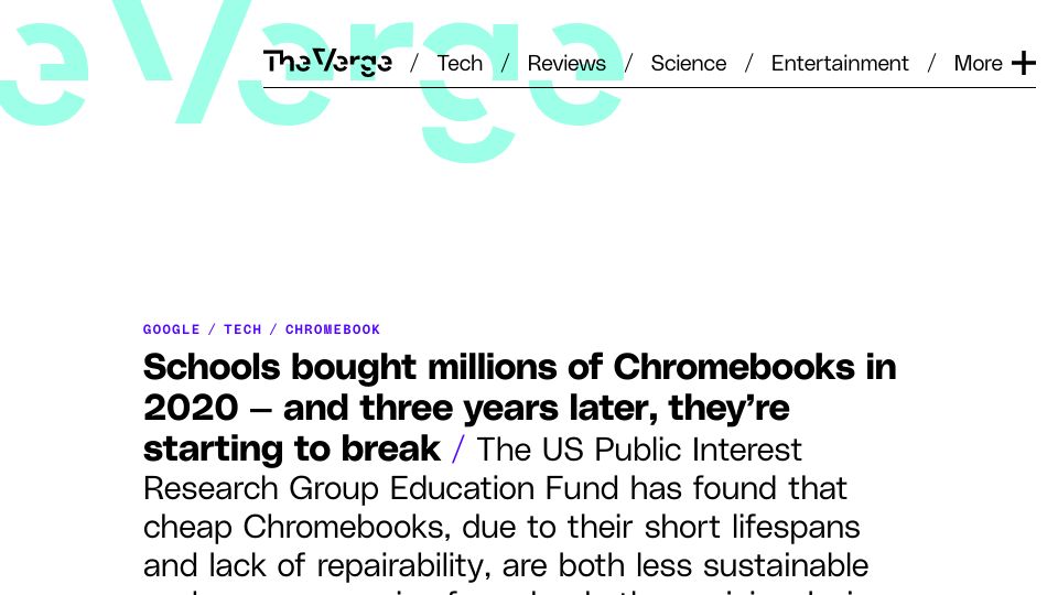 Screenshot of theverge.com: Schools bought millions of Chromebooks and 3 years later they’re breaking down