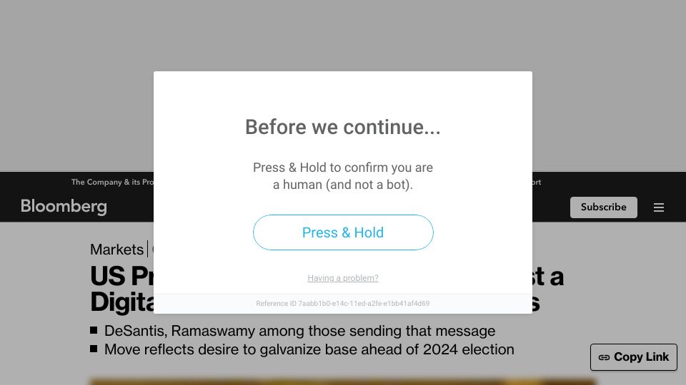 Screenshot of bloomberg.com: US Presidential Hopefuls Rally Against a Digital Dollar Ahead of 2024 Elections