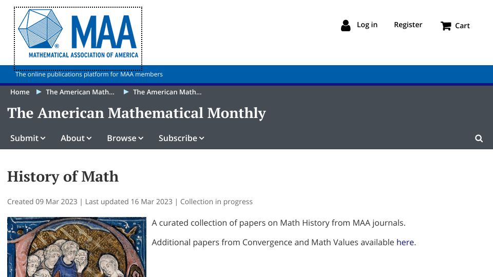 Screenshot of maa.tandfonline.com: History of Math
