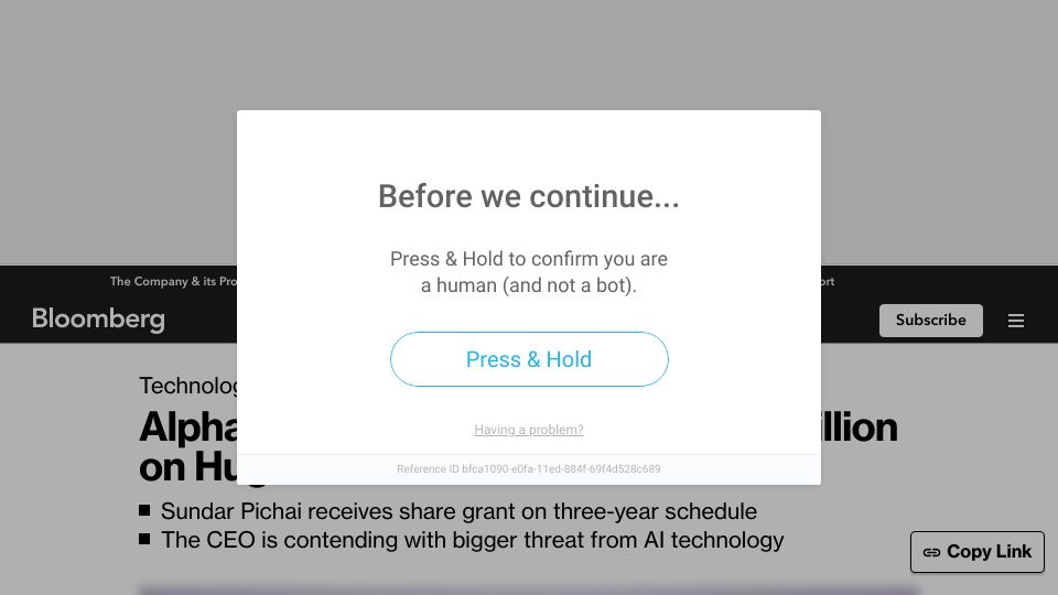 Screenshot of bloomberg.com: Sundar Pichai received $226M compensation, boosted by a triennial stock grant
