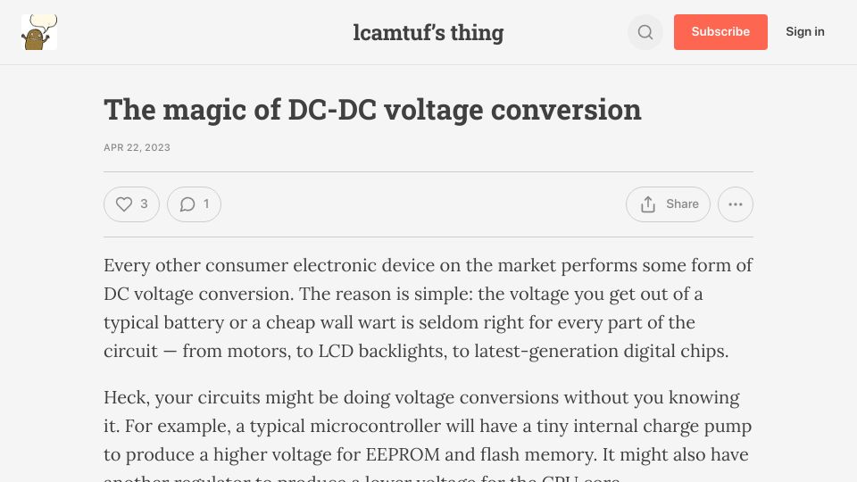 Screenshot of lcamtuf.substack.com: The magic of DC-DC voltage conversion