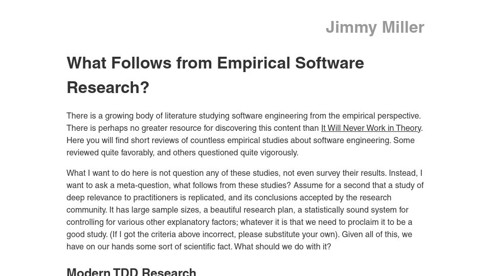 Screenshot of jimmyhmiller.github.io: What follows from empirical software research?