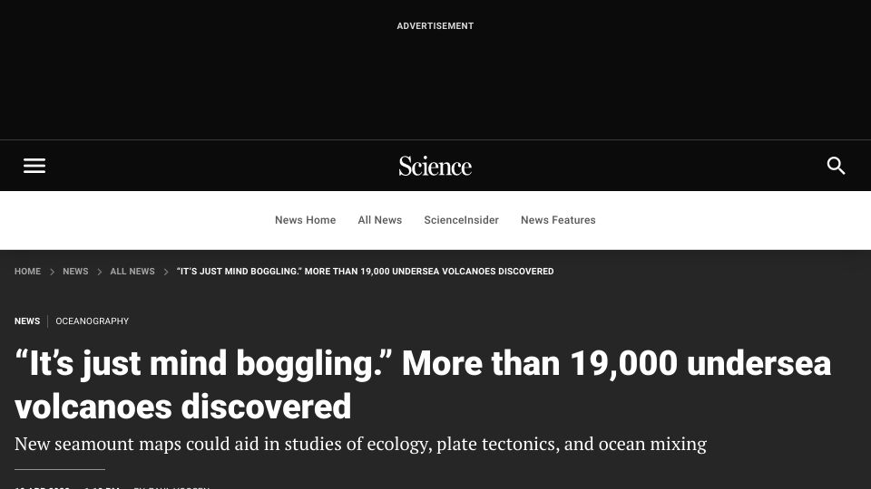 Screenshot of science.org: More than 19k undersea volcanoes discovered
