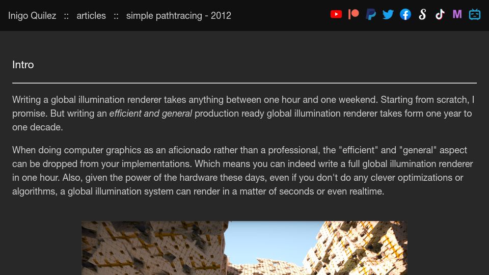 Screenshot of iquilezles.org: Simple Pathtracing (2012)