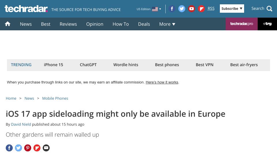 Screenshot of techradar.com: iOS 17 app sideloading might only be available in Europe