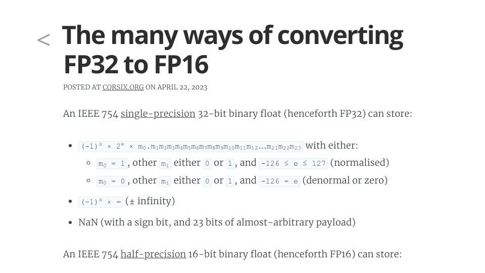 Screenshot of corsix.org: The many ways of converting FP32 to FP16