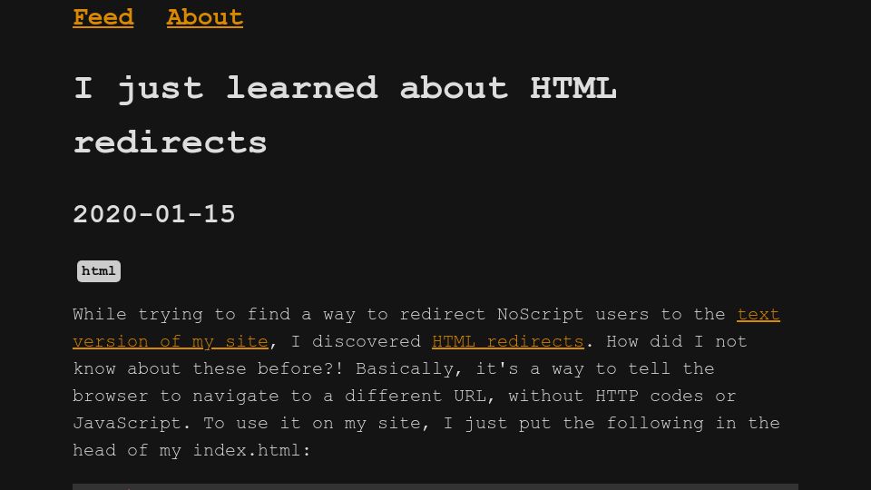 Screenshot of apitman.com: I just learned about HTML redirects (2020)