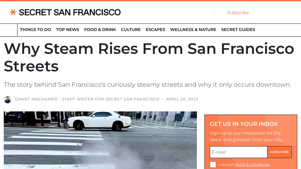 Screenshot of secretsanfrancisco.com: Why steam rises from San Francisco streets