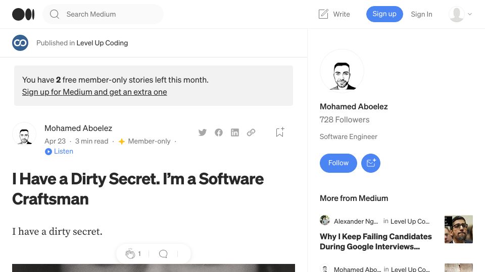 Screenshot of levelup.gitconnected.com: I Have a Dirty Secret. I’m a Software Craftsman