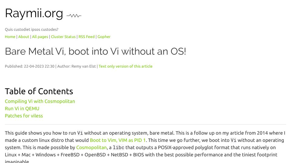 Screenshot of raymii.org: Bare Metal Vi, Boot into Vi Without an OS