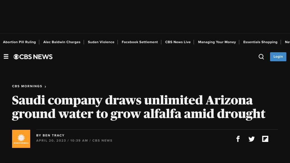 Screenshot of cbsnews.com: Saudi company draws unlimited Arizona ground water amid drought