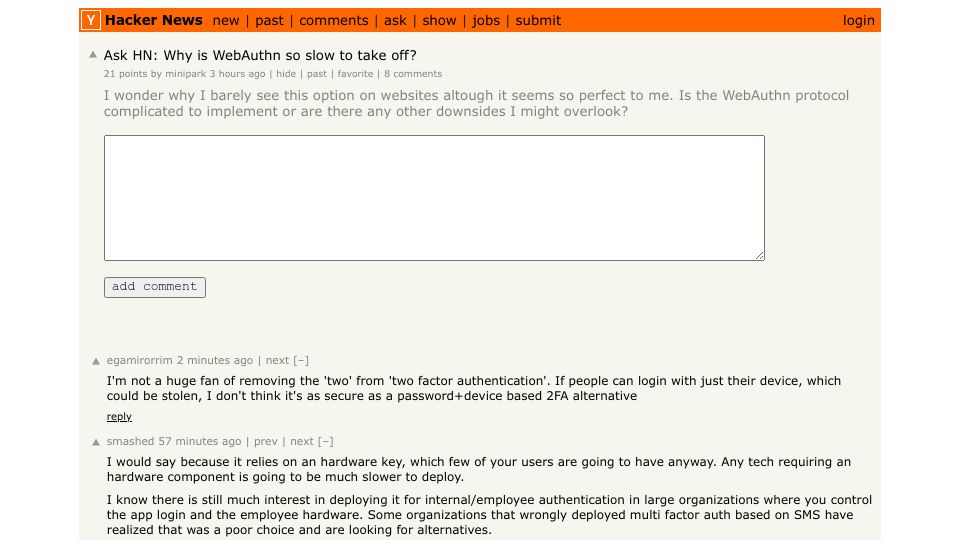 Screenshot of Hacker News post: Ask HN: Why is WebAuthn so slow to take off?