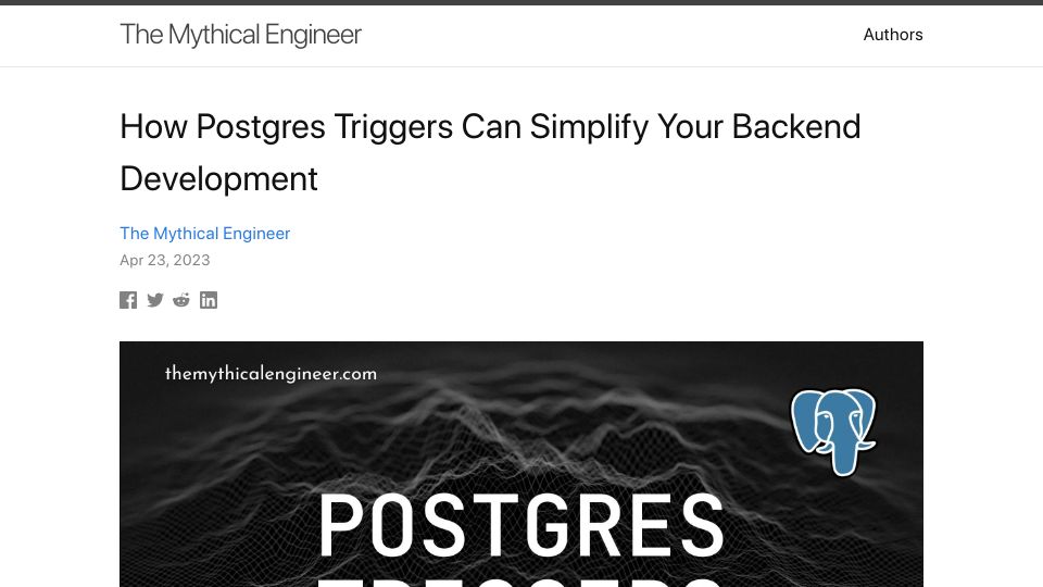 Screenshot of themythicalengineer.com: How Postgres Triggers Can Simplify Your Back End Development