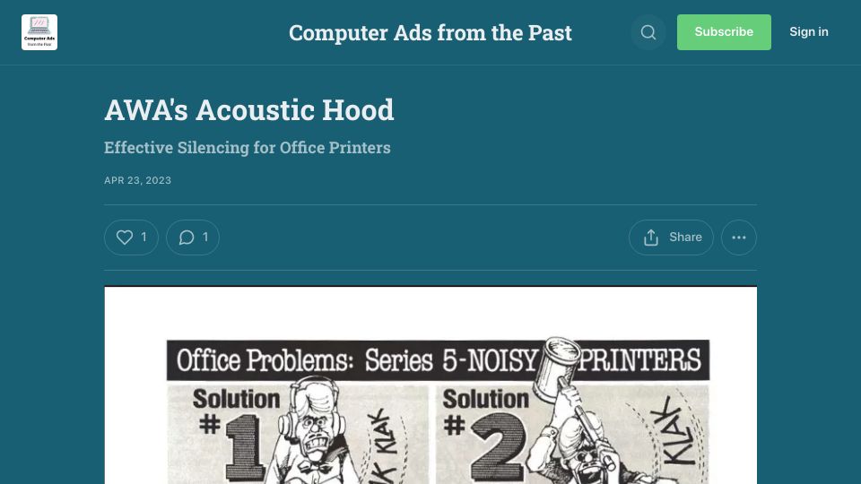 Screenshot of computeradsfromthepast.substack.com: AWA's Acoustic Hood – Effective Silencing for Office Printers