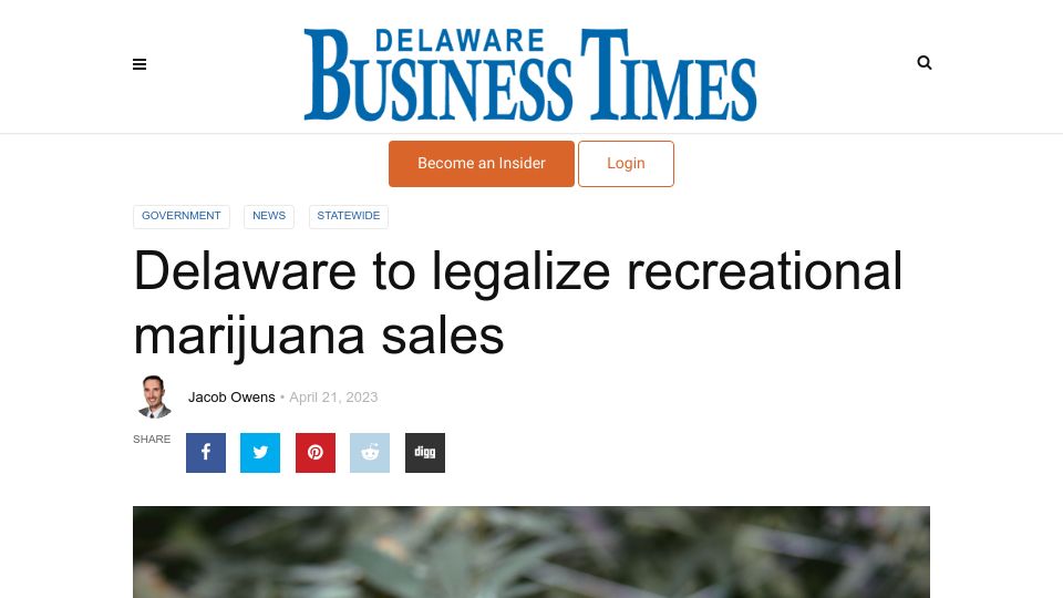 Screenshot of delawarebusinesstimes.com: Delaware will become the 22nd state to legalize recreational marijuana