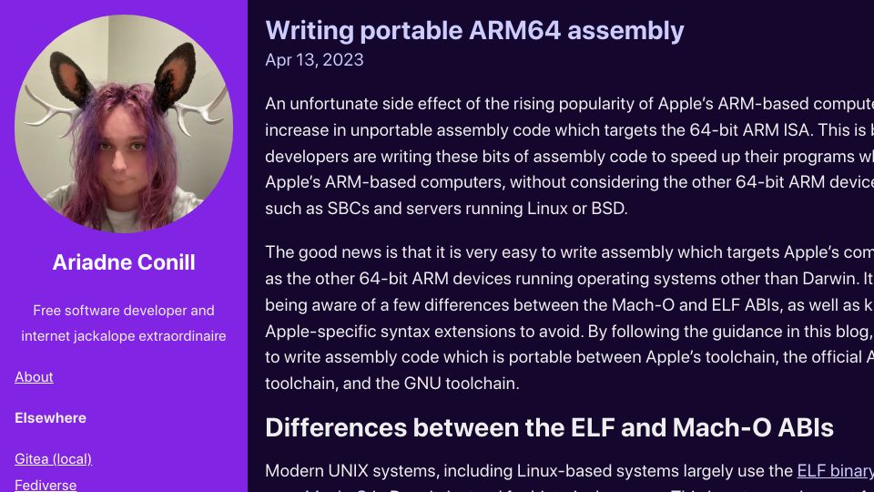 Screenshot of ariadne.space: Writing Portable ARM64 Assembly