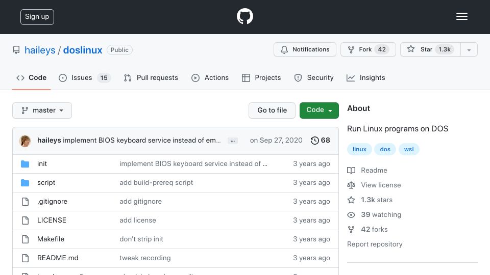 Screenshot of github.com: Run Linux Programs on DOS
