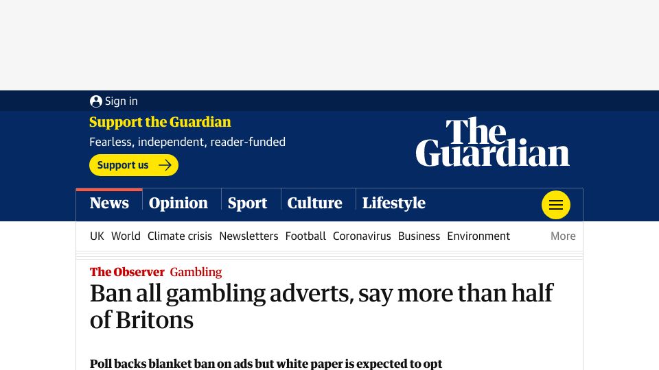 Screenshot of theguardian.com: Ban all gambling adverts, say more than half of Britons
