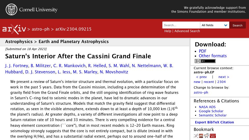 Screenshot of arxiv.org: Saturn's Interior After the Cassini Grand Finale