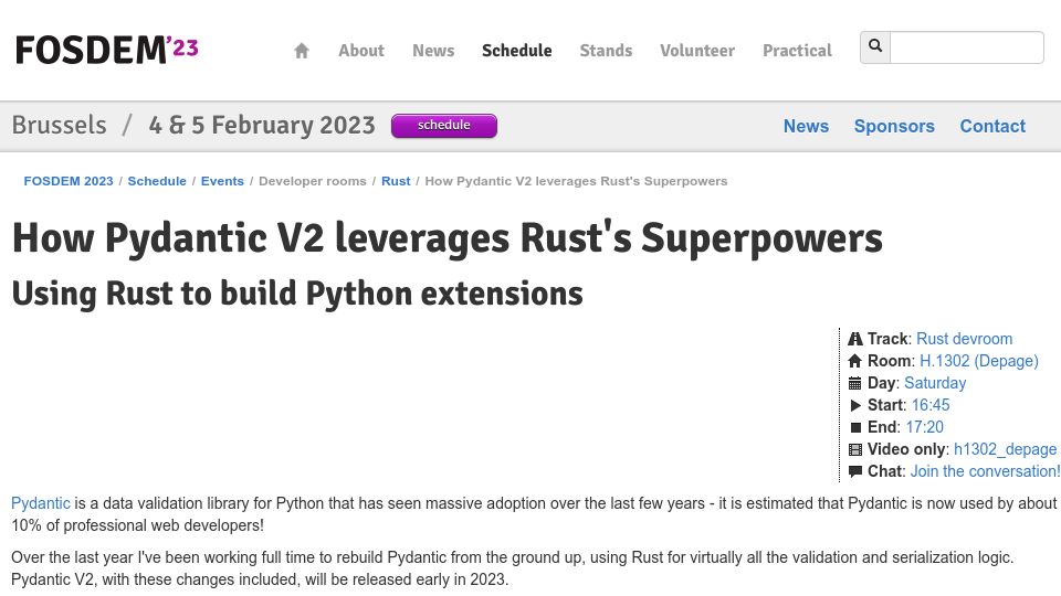 Screenshot of fosdem.org: Pydantic V2 leverages Rust's Superpowers [video]