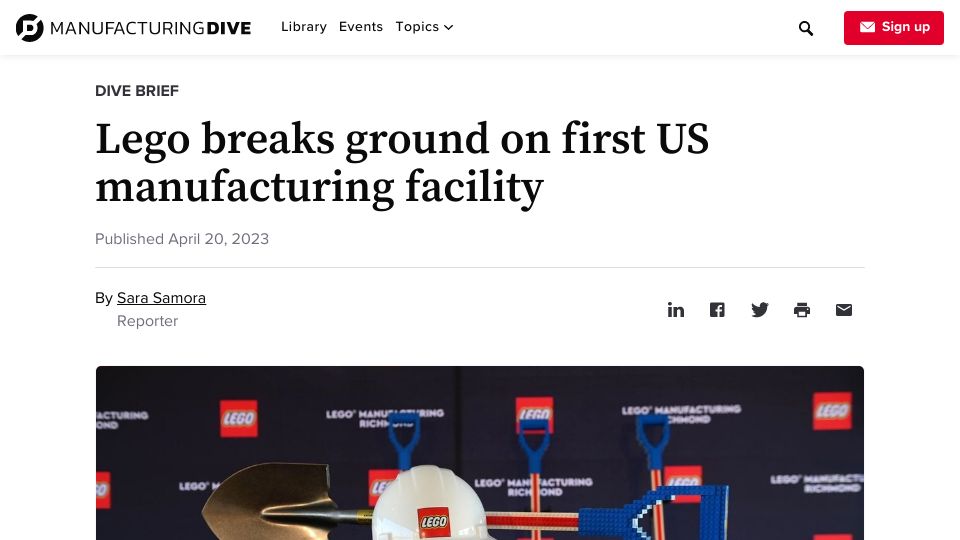 Screenshot of manufacturingdive.com: Lego breaks ground on first US manufacturing facility