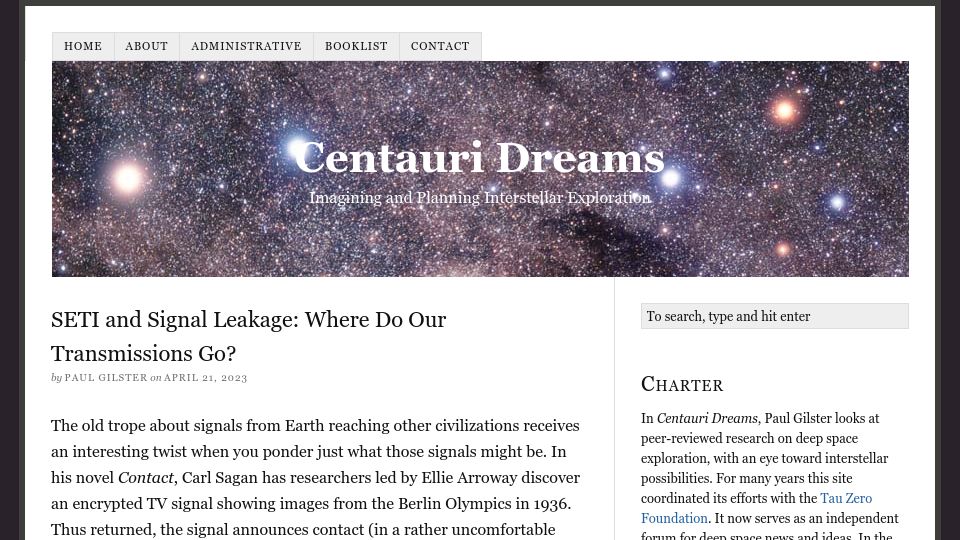 Screenshot of centauri-dreams.org: SETI and Signal Leakage: Where Do Our Transmissions Go?