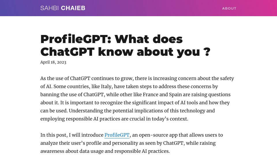 Screenshot of sahbichaieb.com: ProfileGPT: An Example of AI Agents Collaboration Architecture