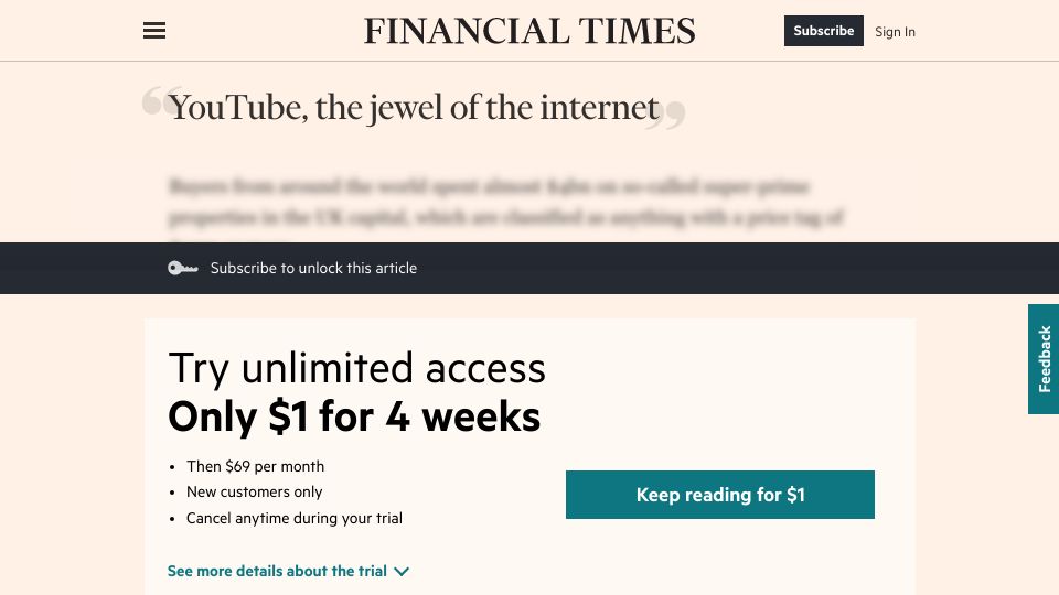 Screenshot of ft.com: YouTube, the jewel of the internet