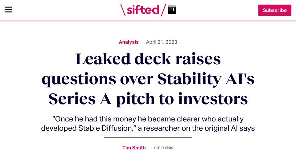 Screenshot of sifted.eu: Leaked deck raises questions over Stability AI’s Series A pitch to investors