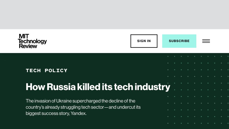 Screenshot of technologyreview.com: Russia killed its tech industry