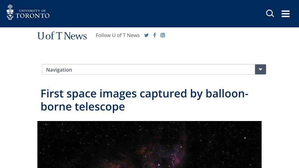 Screenshot of utoronto.ca: First space images captured by balloon-borne telescope