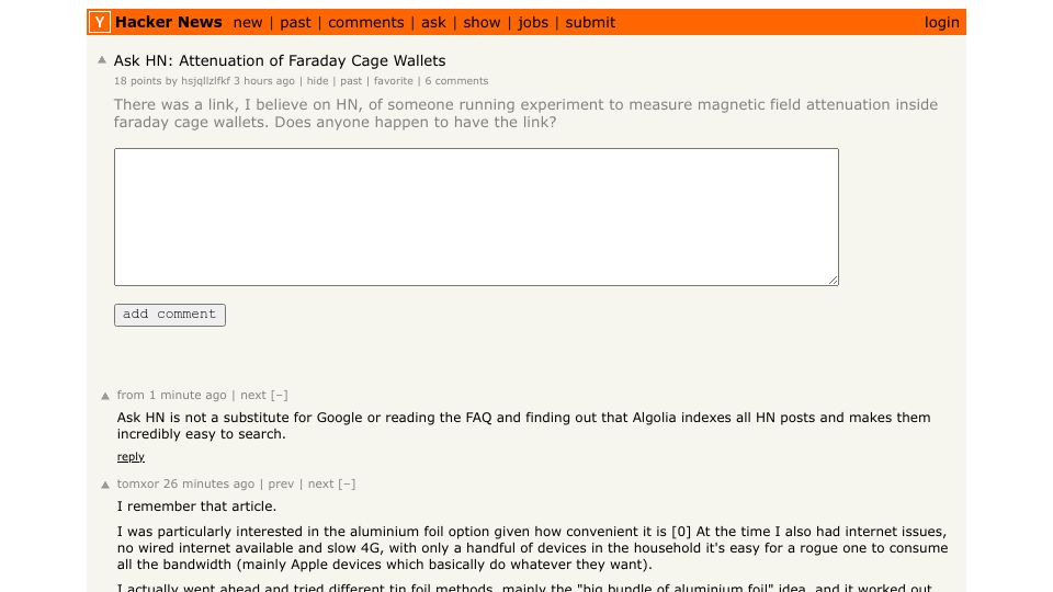 Screenshot of Hacker News post: Ask HN: Attenuation of Faraday Cage Wallets