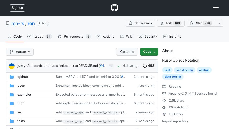 Screenshot of github.com: Ron: Rusty Object Notation