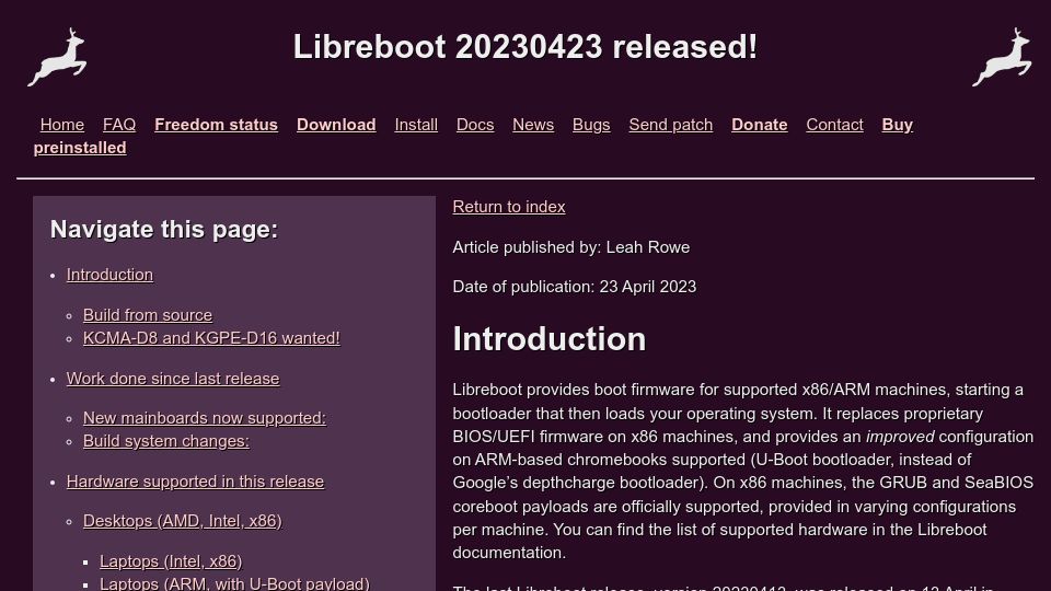 Screenshot of libreboot.org: Libreboot 20230423