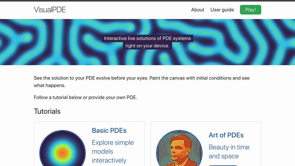 Screenshot of visualpde.com: Interactive live solutions of PDE systems
