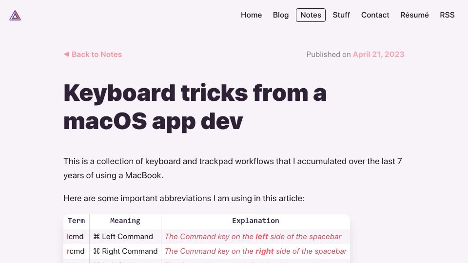 Screenshot of notes.alinpanaitiu.com: Keyboard tricks from a macOS app dev