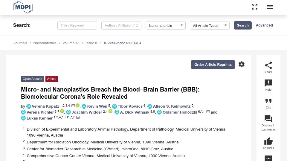 Screenshot of mdpi.com: Micro- and nanoplastics breach the blood–brain barrier in mice
