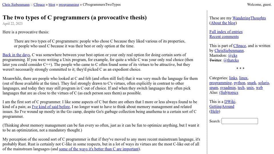 Screenshot of utcc.utoronto.ca: Two types of C programmers