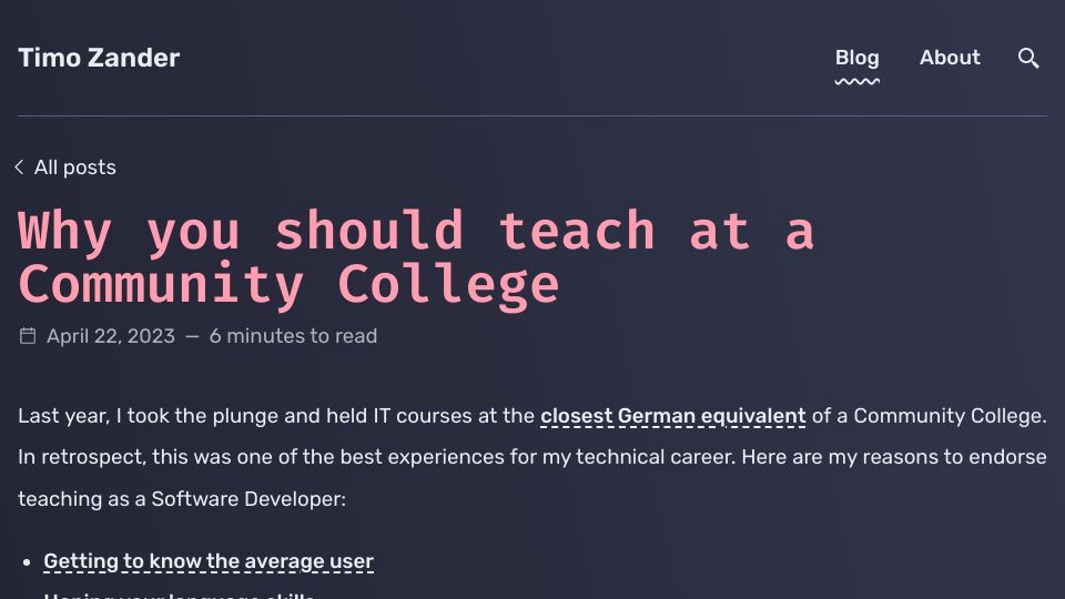 Screenshot of timozander.de: Teach at a Community College