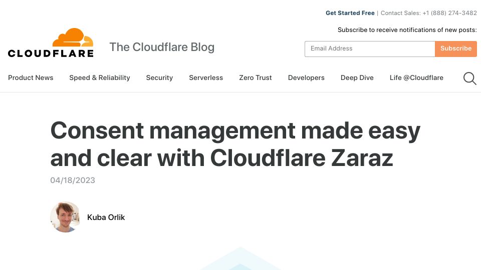 Screenshot of blog.cloudflare.com: Cloudflare launches easy to set up consent manager that respects users