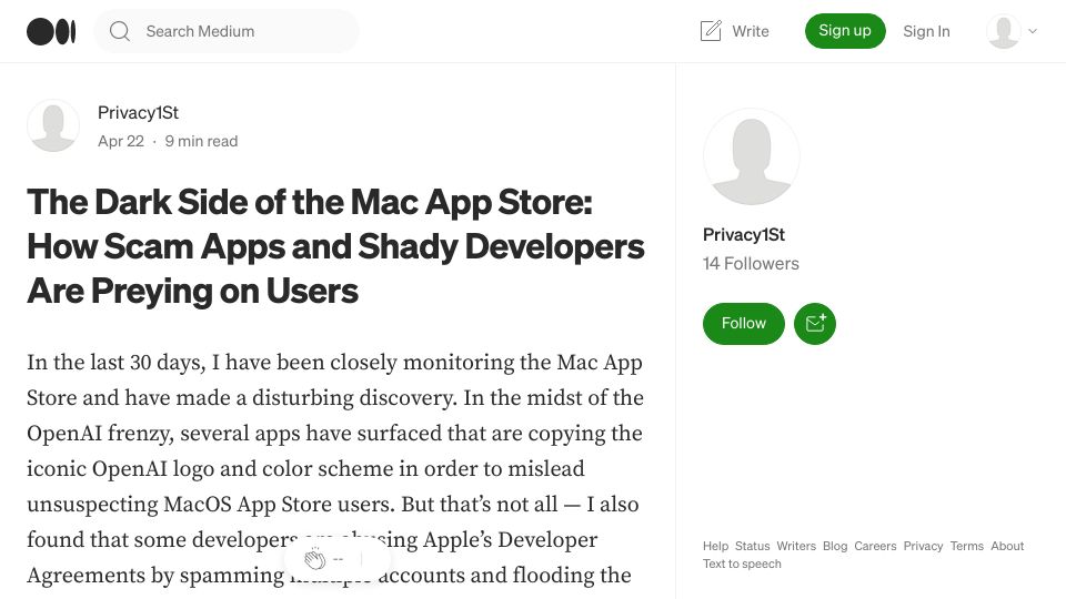 Screenshot of privacyis1st.medium.com: The dark side of the Mac App Store