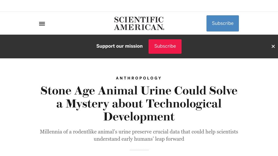 Screenshot of scientificamerican.com: Stone age animal urine could solve a mystery about technological development